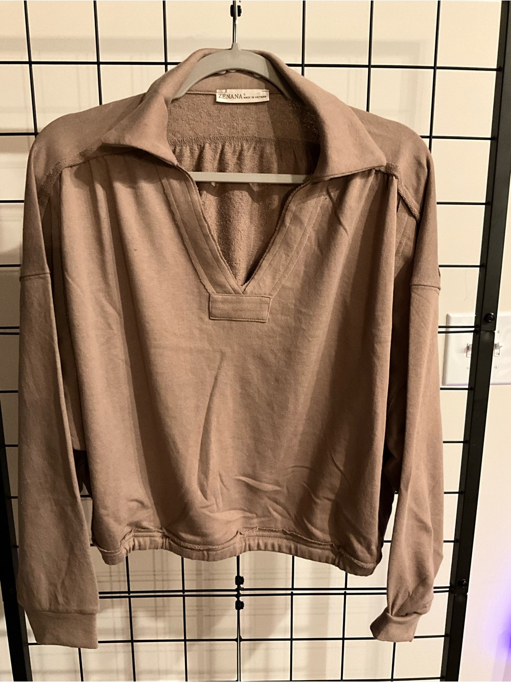 Zenana Outfitters Taupe V-Neck Collar Pullover